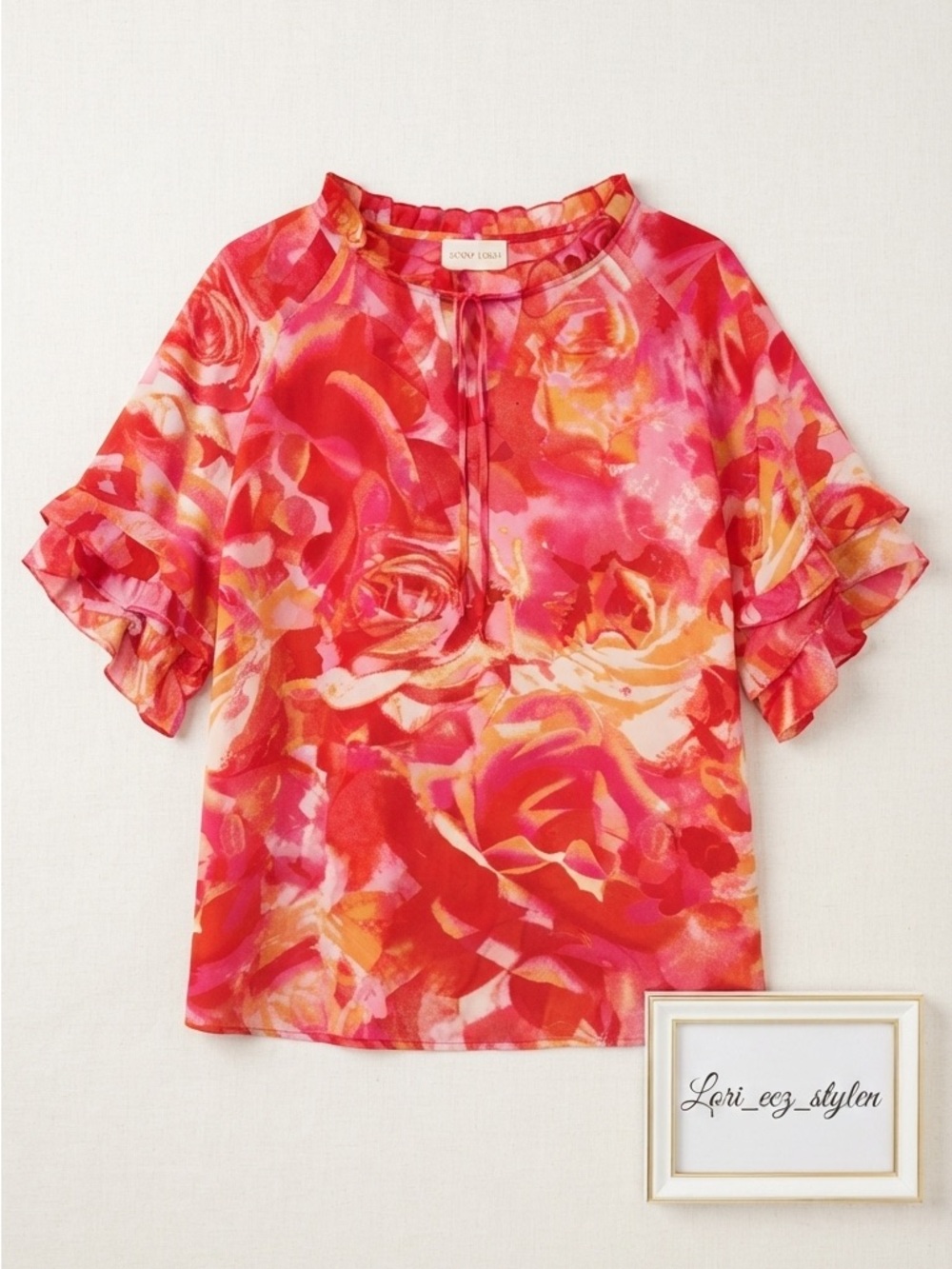 Sunny Leigh Floral Ruffle-Sleeve Blouse - Pink, Red, Yellow no size tag